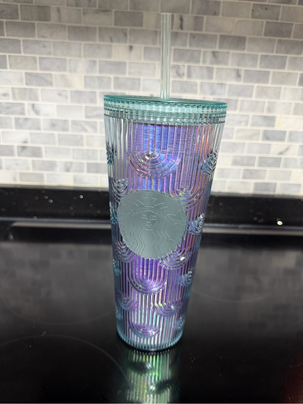 Starbucks Iridescent Teal and Purple Ribbed Cold Cup with Straw
